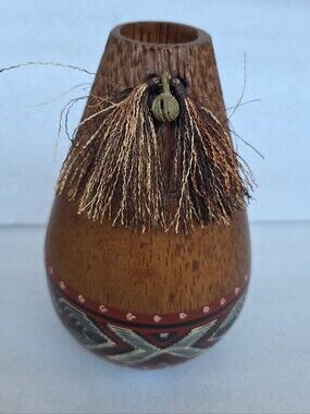 Vintage Handcrafted Cocowood Vase Handpainted Boho